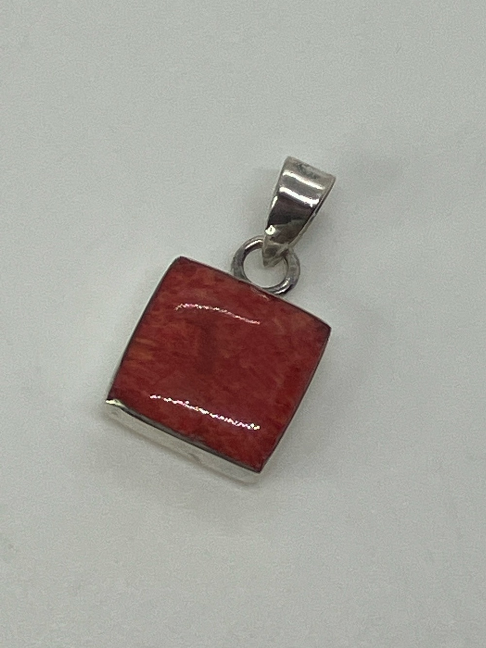 Vtg 925 Sterling Silver Dyed Red Sponge Coral Square Mini Pendant